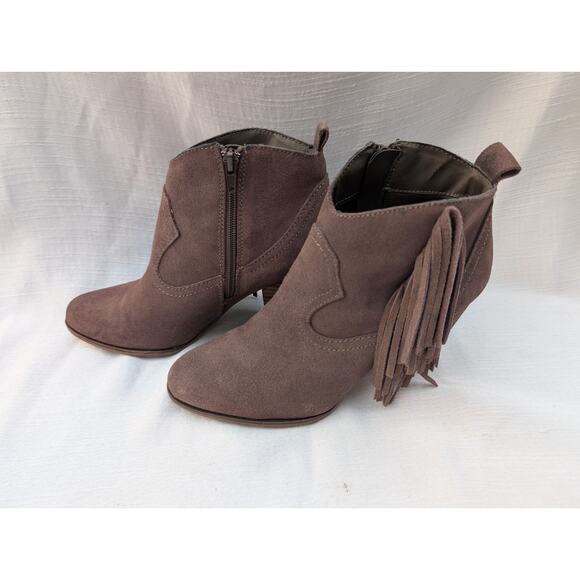 Steve Madden Womens Cian Boot Bootie Sz 8 Taupe Suede Fringe Block Heel Western - Picture 1 of 7